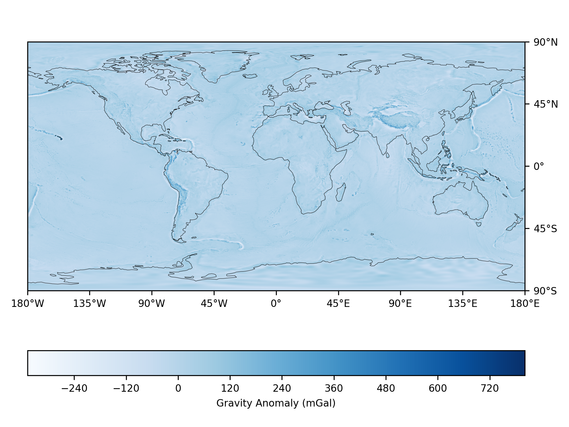 a heatmap contour plot of global gravity anomaly