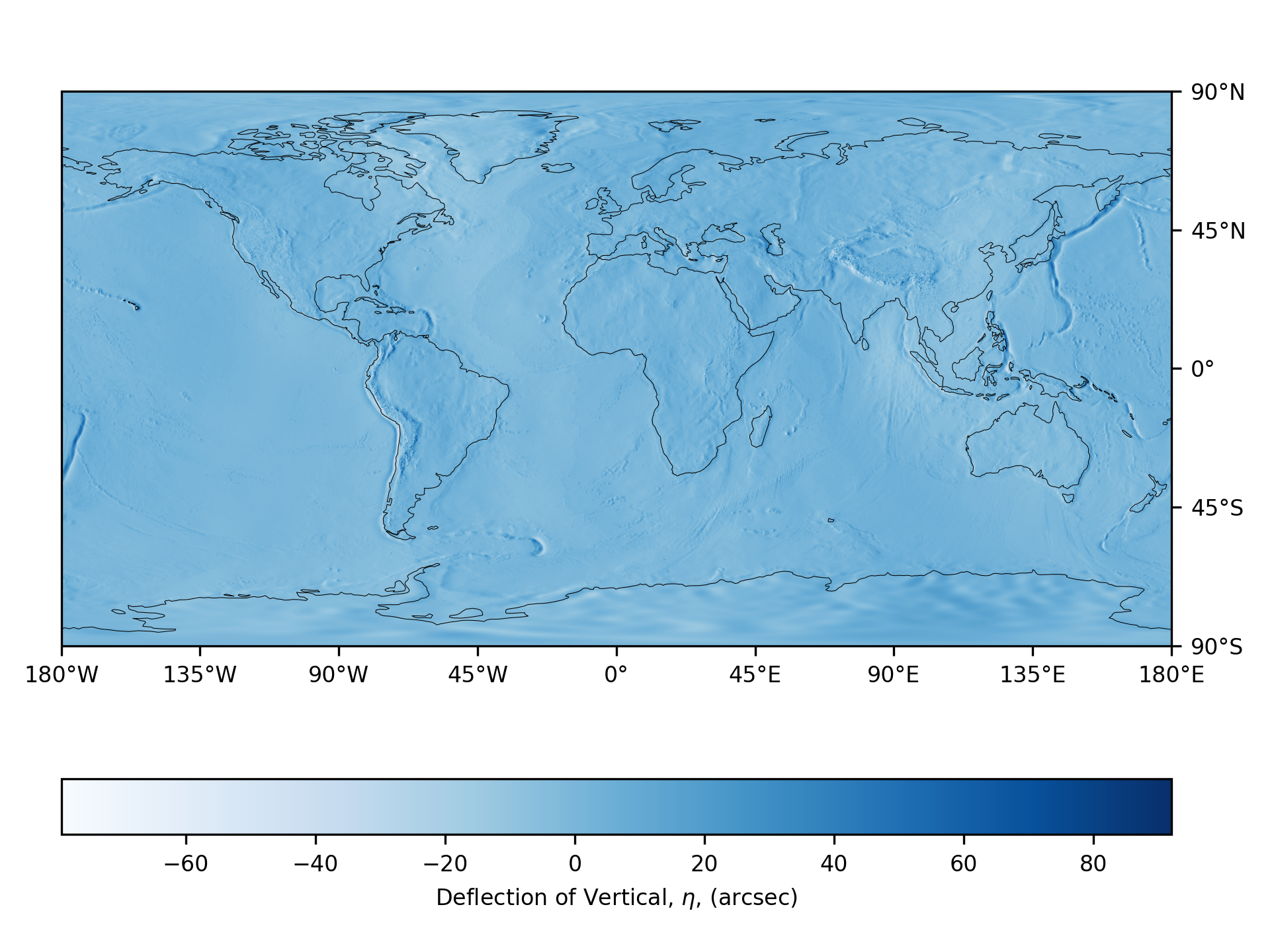 a heatmap contour plot of northerly component of deflection of vertical