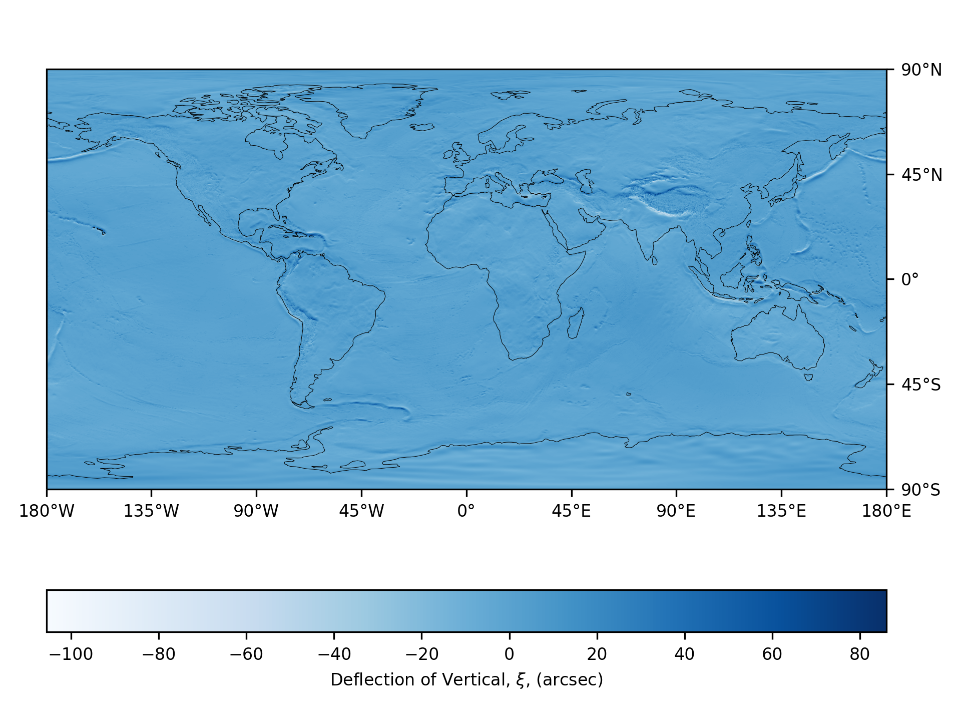 a heatmap contour plot of easterly component of deflection of vertical